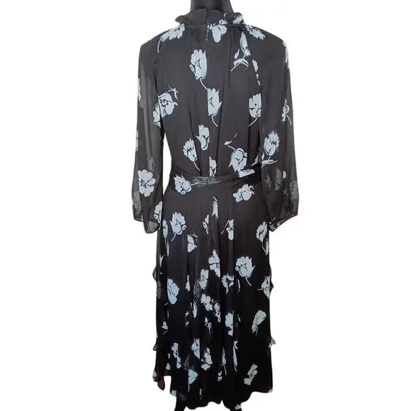 Karl Lagerfeld Paris Black/White Floral Chiffon Midi Dress, Ruffle Hem - 14 - Picture 5 of 9
